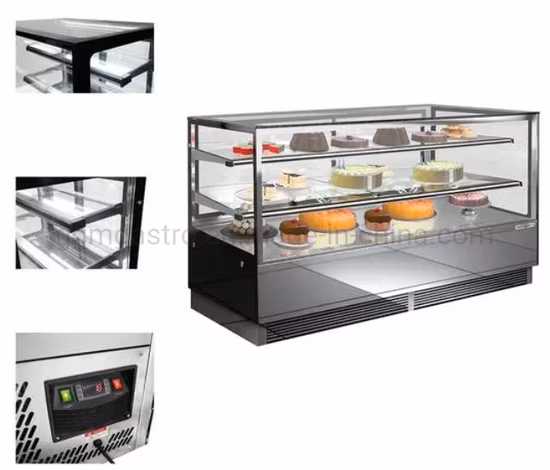 Escaparate de exhibición de pastel de vidrio cuadrado frontal con espejo