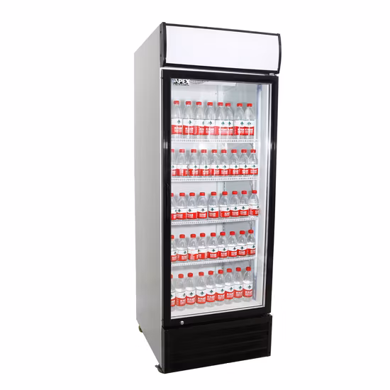 Refrigerador con ventilador de 450 L, exhibición vertical de bebidas, refrigerador, congelador, puertas de vidrio individuales para bebidas energéticas, enfriamiento dinámico, evaporador tipo aleta