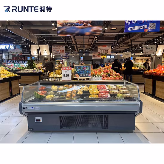 Mostrador de exhibición de alimentos cocinados con carne fresca de escaparate de equipos de refrigerador de supermercado