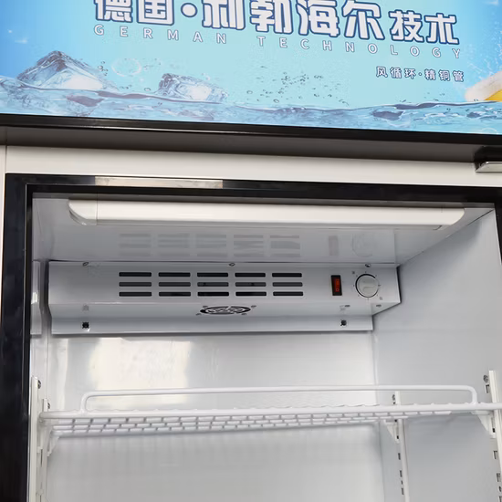 Vitrina vertical de puerta de vidrio con compresor famoso, vitrina comercial de bebidas vegetales y frutas para supermercado